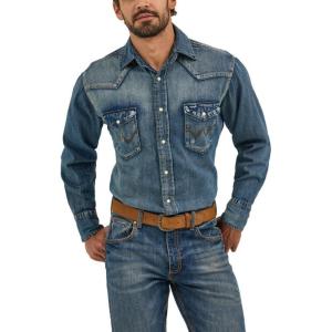 Wrangler Men’s Cowboy Cut Western Long Sleeve Snap Work Shirt Washed Finish(Antique Blue)