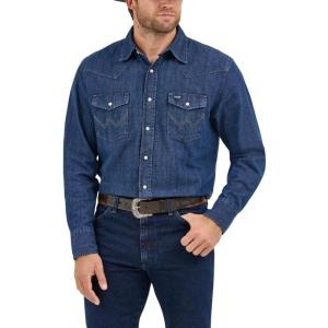 Wrangler Men’s Cowboy Cut Western Long Sleeve Snap Work Shirt Washed Finish(Dark Denim)