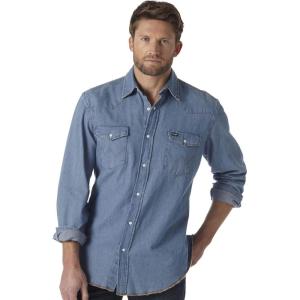 Wrangler Men’s Cowboy Cut Western Long Sleeve Snap Work Shirt Washed Finish(Stonewashed)